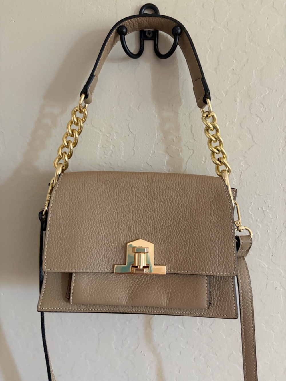 Persaman New York Taupe Shoulder Bag with Gold Hardware